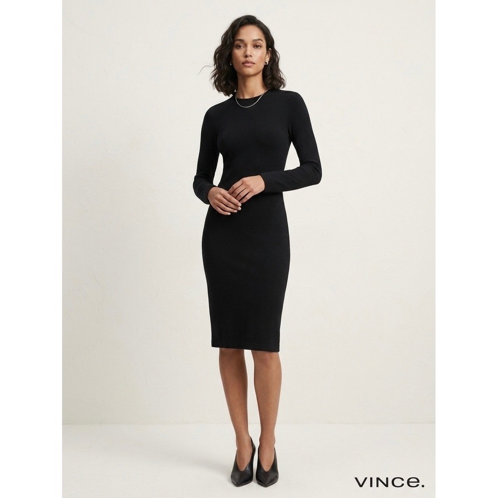 Vince Black Long Sleeve Textured Crepe Sheath Midi Dress Crew Neck Size S
